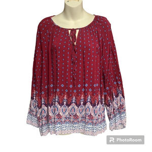 Emery Rose XXL bell sleeve top red/white/blue patterned